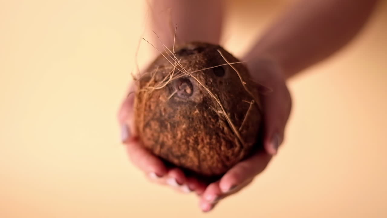 Fresh coconut in woman's hands
