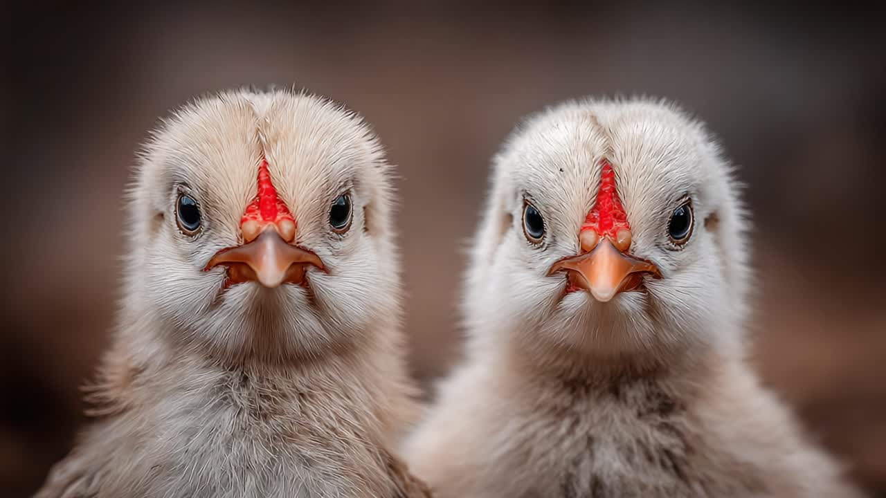 Nærbilde av to nysgjerrige kyllinger med slående trekk som utforsker omgivelsene sine og fanger oppmerksomheten med sine unike uttrykk og fargerike nebb i naturlige omgivelser