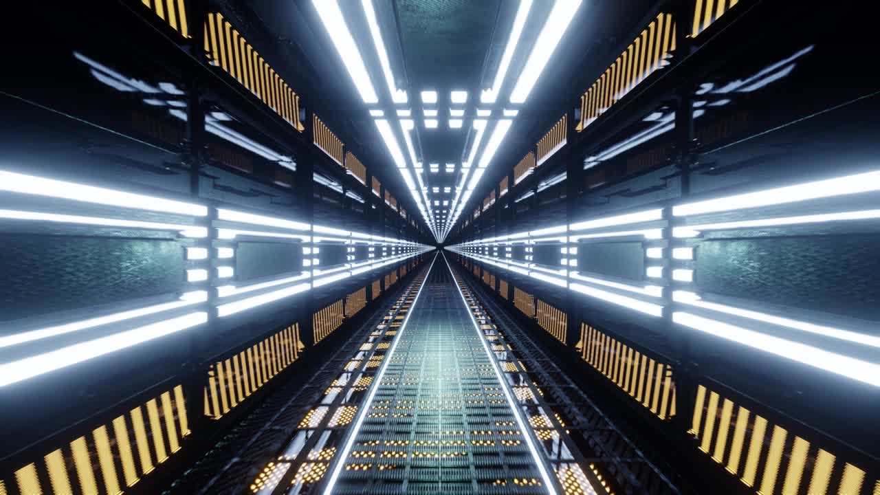3D animation. Illuminated futuristic corridor in space station. Seamless loop