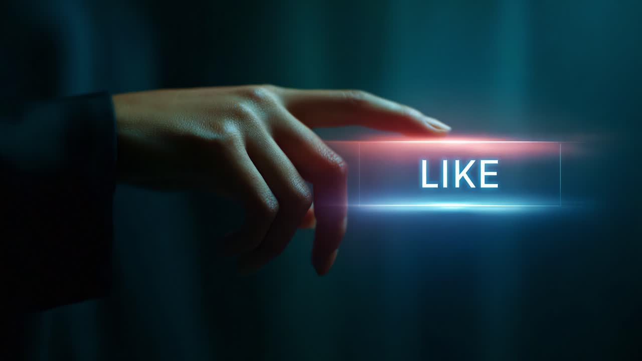 A Close-Up of a Hand Interacting with a Glowing 'Like' Button, Illustrating Digital Engagement and Interaction in a Modern Online Environment