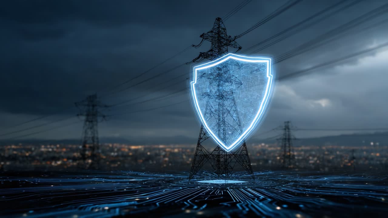 Una Visione Futuristica della Cybersecurity: Una Torre Elettrica Circondata da uno Scudo Protettivo Illuminato di Blu, Simbolo di Forza e Integrità nelle Moderne Reti Elettriche