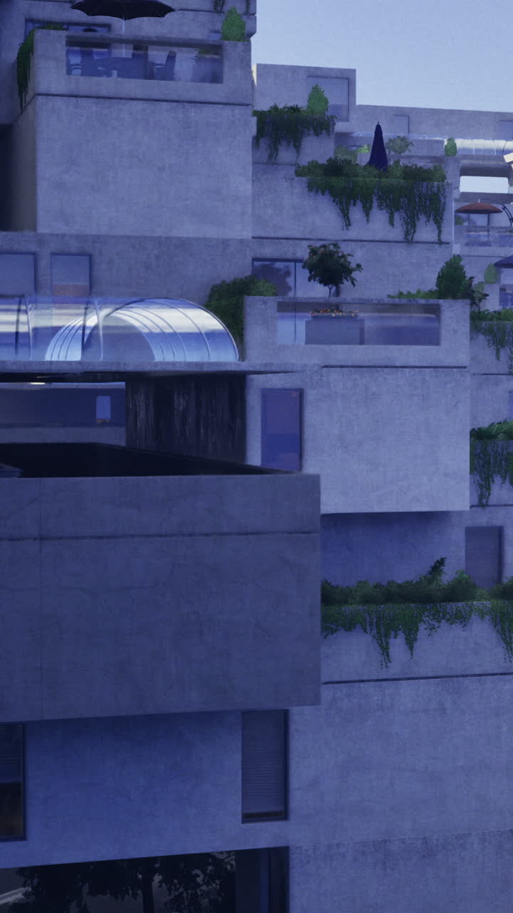 Diseño de edificio moderno con plantas y elementos de cristal en una zona urbana.