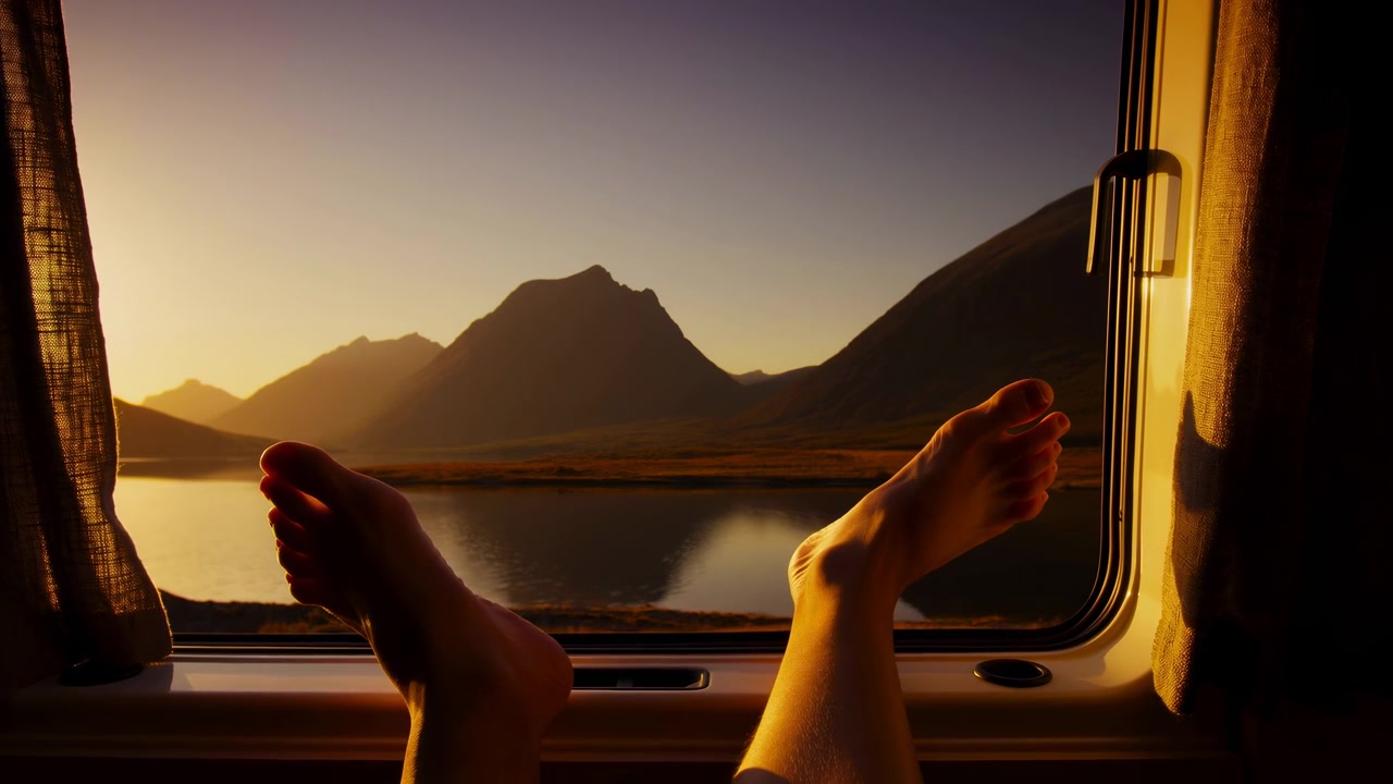 Piedi rilassati che riposano sul davanzale di una finestra all'interno di un'accogliente baita, di fronte a un tranquillo lago di montagna, sagome scure di cime, acqua riflettente e un cielo al tramonto luminoso con una calda luce serale e un'atmosfera di viaggio serena