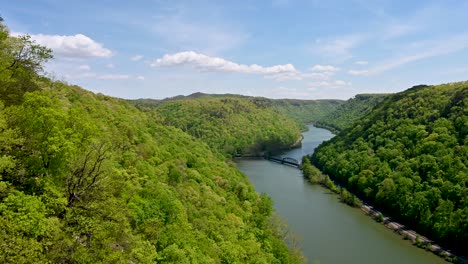 new river gorge river view with forest hills and bridge