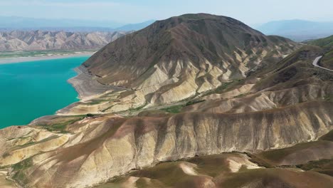 drone approach kyrgyzstan toktogul lake dreamy landscape in central asia aerial cinematic