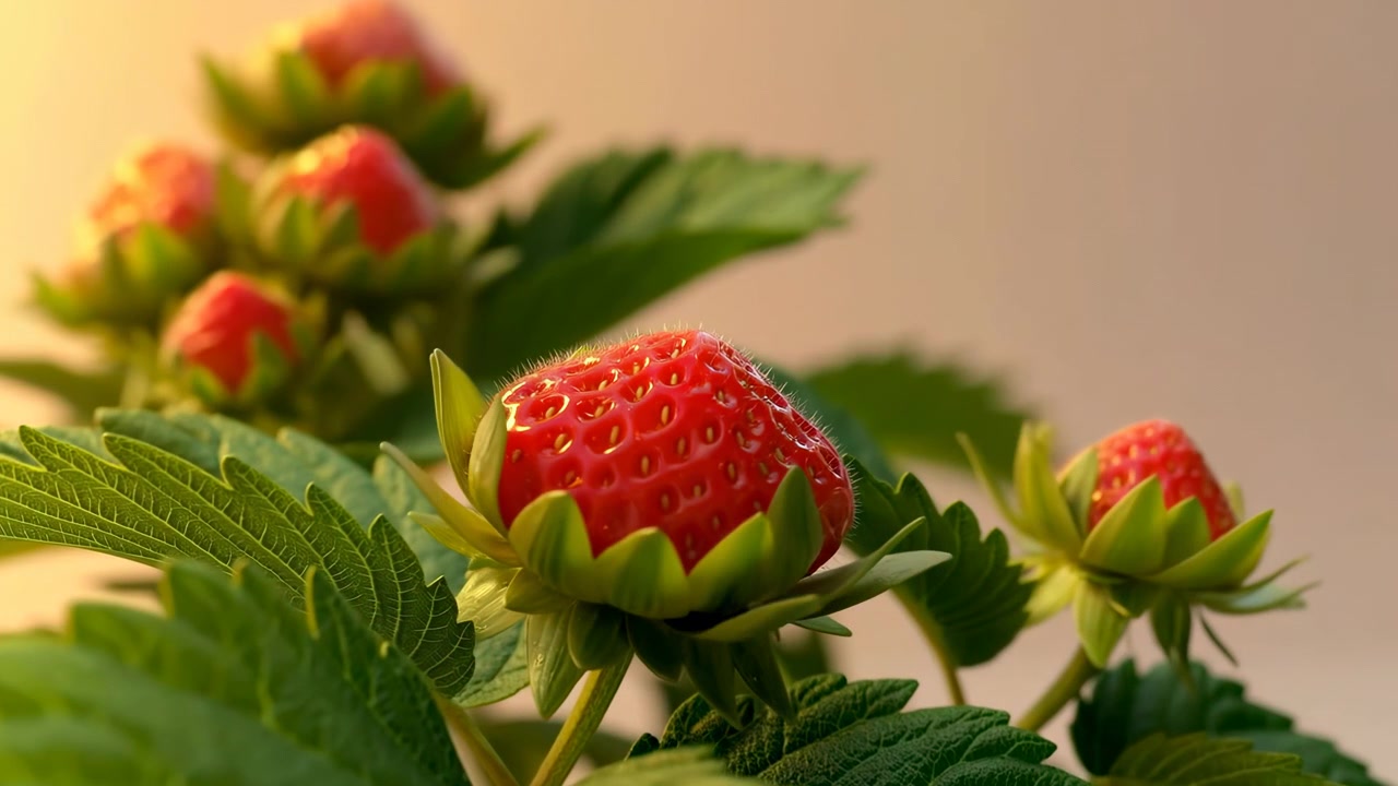 Flores de morango brancas se fecham e se transformam em frutos jovens pálidos antes de amadurecerem em vermelho brilhante, enquanto folhas texturizadas emolduram a sequência de crescimento sob luz quente e mutável e foco raso