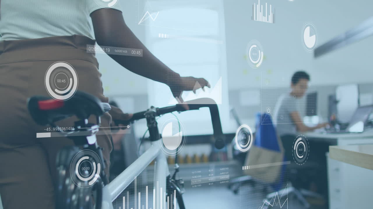 Animation of digital business icons and data processing over diverse business people in office