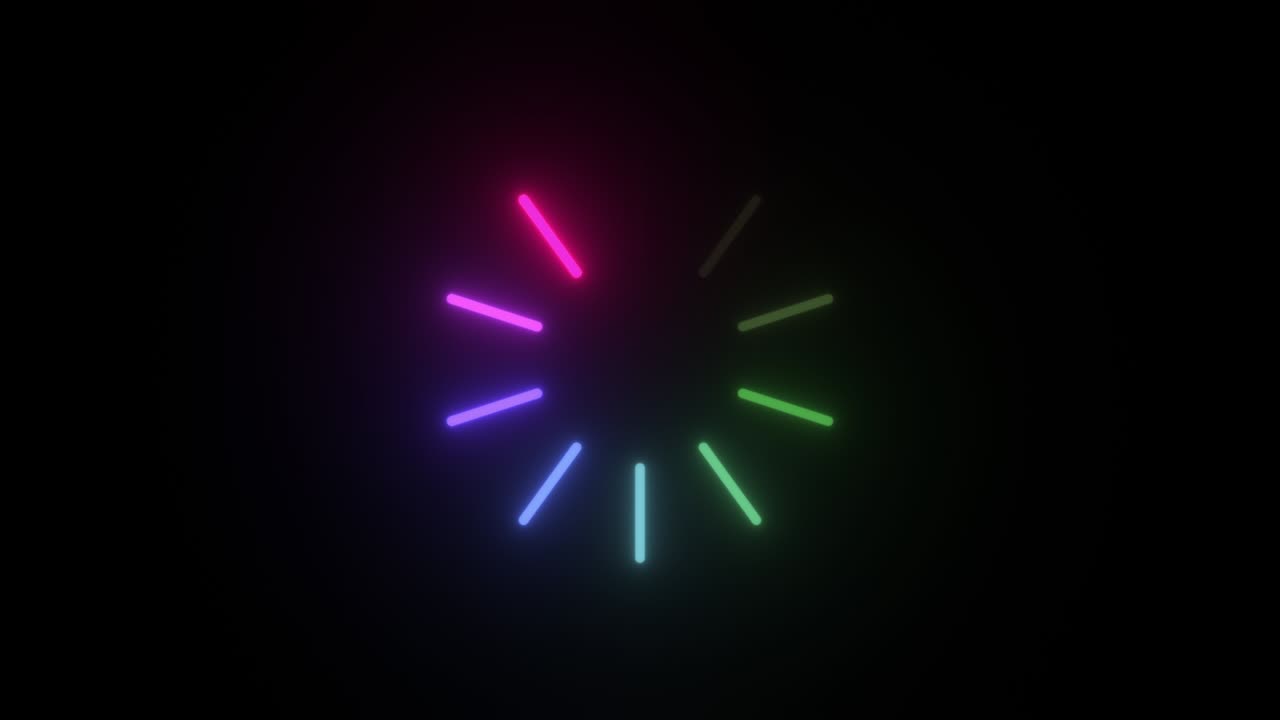 검은색 배경에 로딩 서클 아이콘, 버퍼 스피너 다운로드 또는 업로드 진행, 다채로운 무지개 로더, 서클에 선