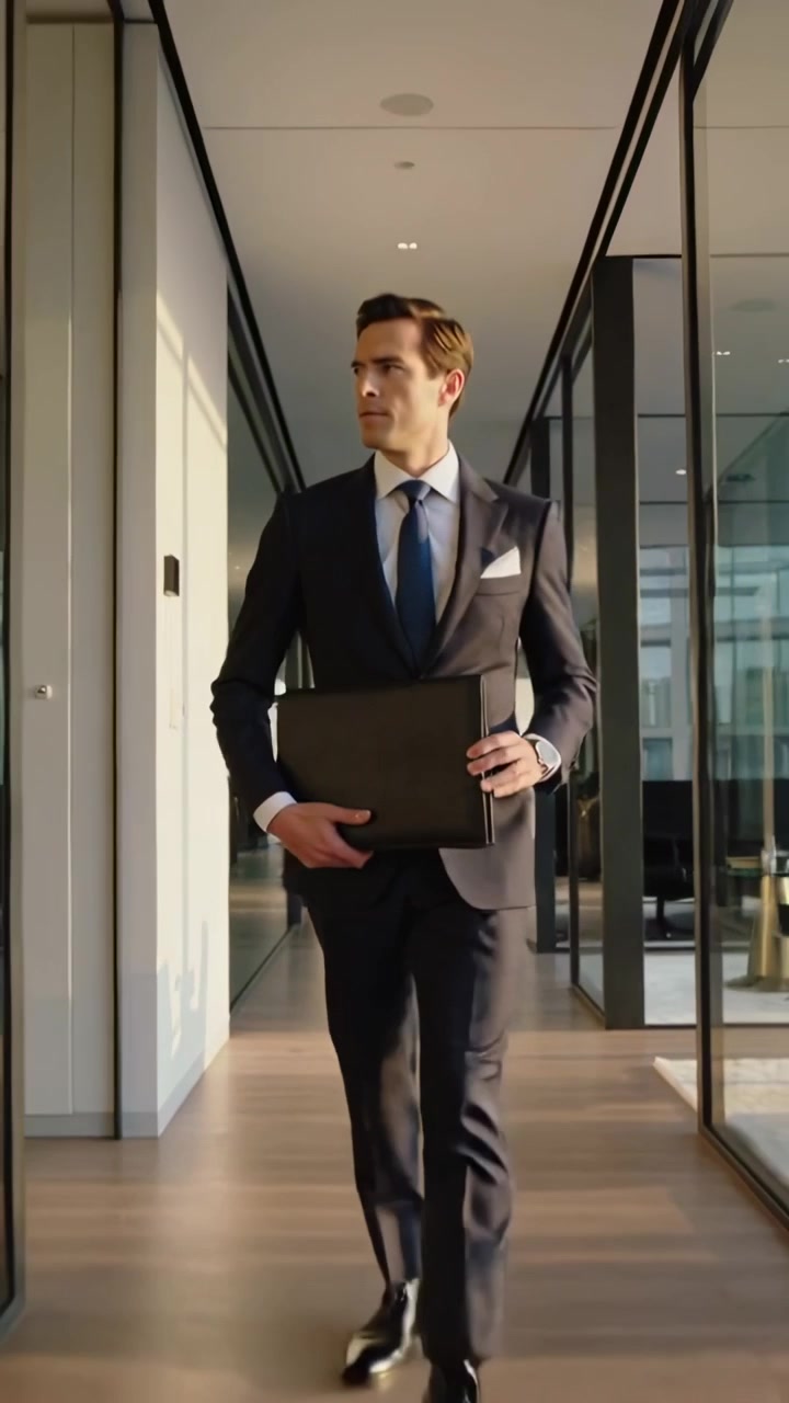 Video verticale: Un uomo in abito controlla l'orologio mentre cammina lungo il corridoio dell'ufficio con una cartella, diretto a una riunione.