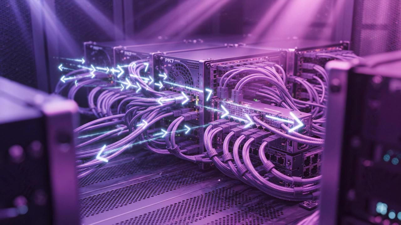 A Stunning Glimpse of Advanced Data Center Technology with Intricate Cabling and High-Performance Hardware Illuminated in a Captivating Purple Light