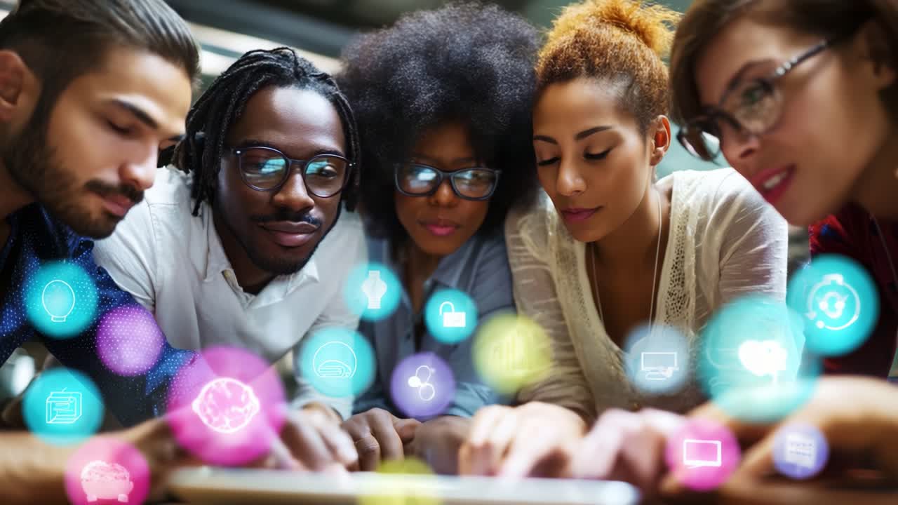 A group of five engaged individuals collaboratively interact with a digital device, showcasing teamwork, creativity, and the fusion of technology and ideas in a vibrant and modern workspace