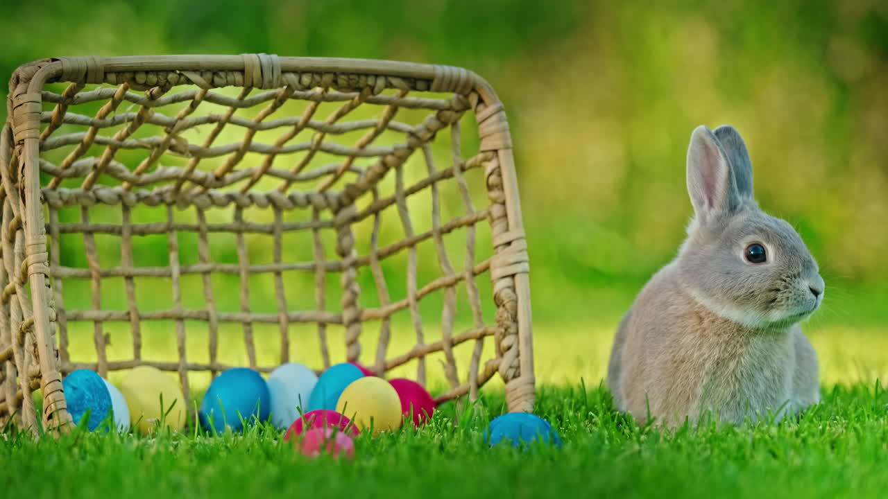 пасхальный кролик в саду с яйцами