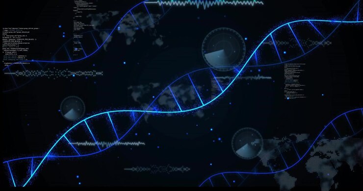 Animated DNA helixes emerging from dark waving over map while code sliding, HUD fading showing data