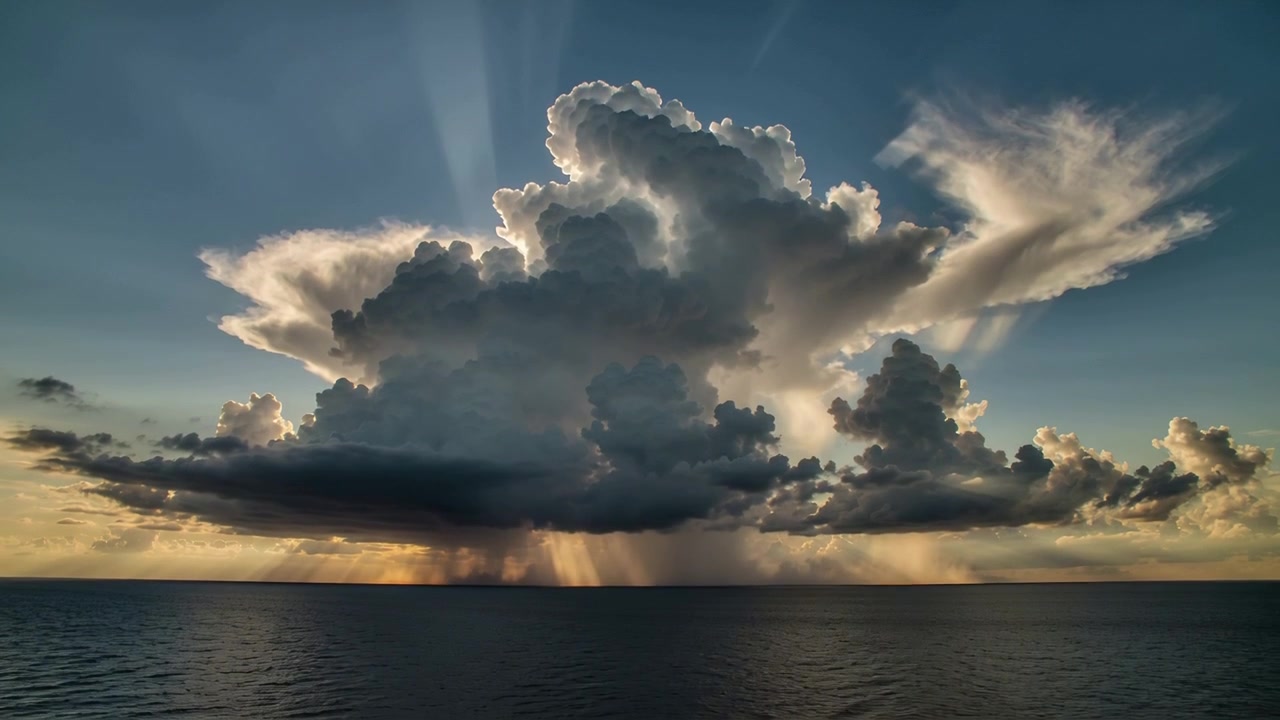 Towering cumulonimbus cloud sending rain shafts to open sea while low sun casting crepuscular rays
