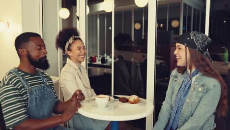 friends, coffee shop and conversation with happy