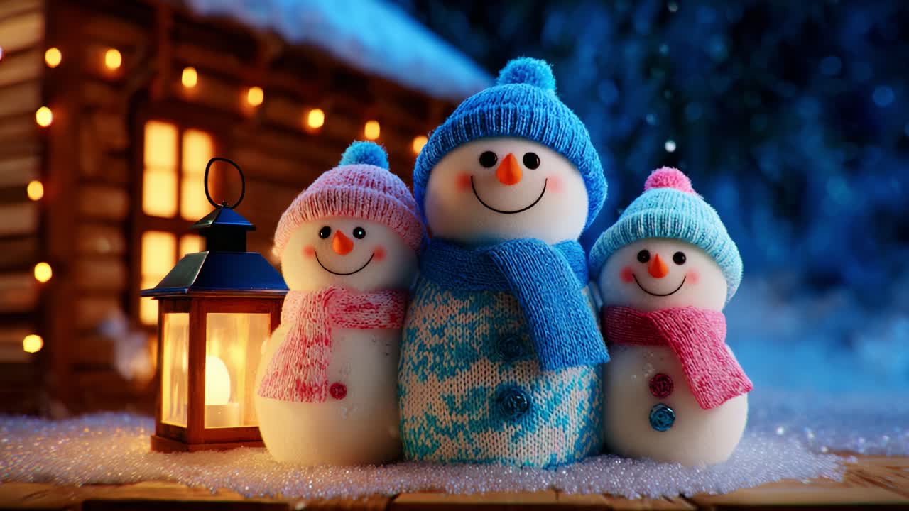A charming winter scene featuring three cheerful snowmen adorned with colorful knitted hats and scarves, standing in front of a cozy cabin adorned with warm glow from a lantern, epitomizing the joy of the holiday season