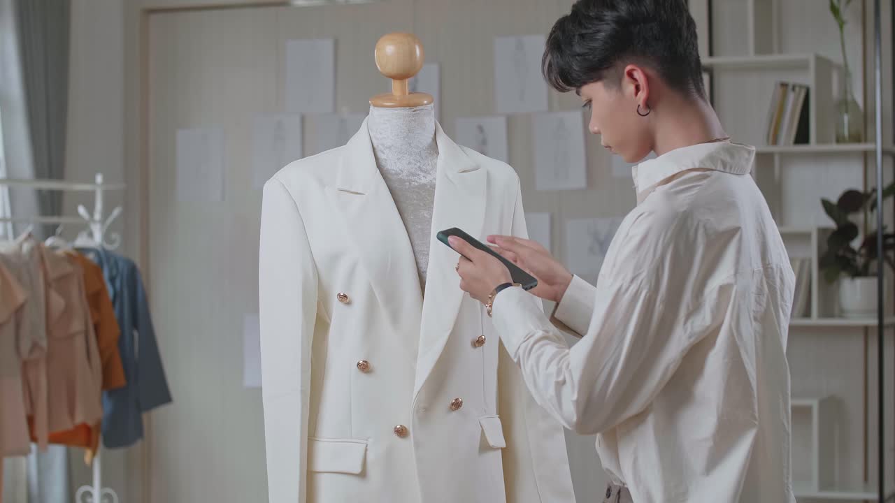 Young Asian Man Fashion Designer Looking His Phone With Clothes On Mannequin Model
