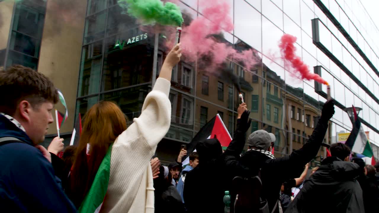 Palestine protest with smoke bombs and flags
