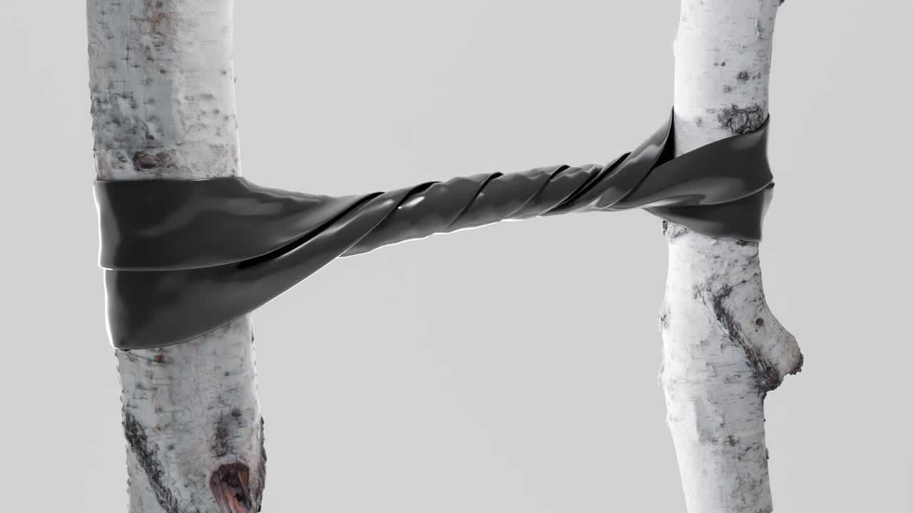 Birch trees connected with black tape