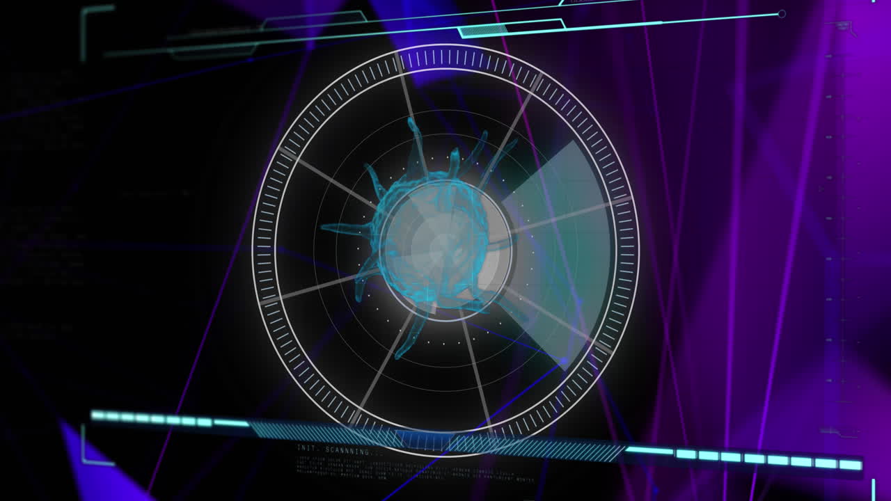 animación de la célula de covid-19 y escaneo de alcance en pantalla digital sobre líneas púrpuras