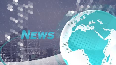 animation of news text banner and spinning globe against rain falling over aerial view of cityscape