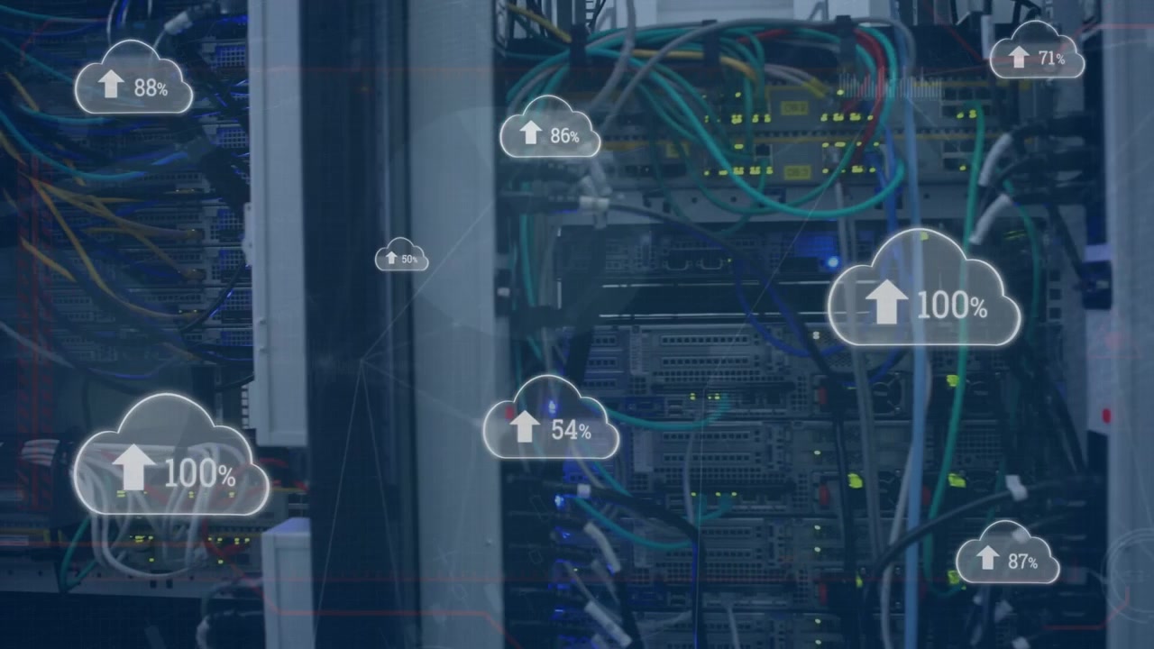 Animation of icons and data processing over server room