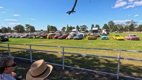 crowd observing classic cars at sunny outdoor event