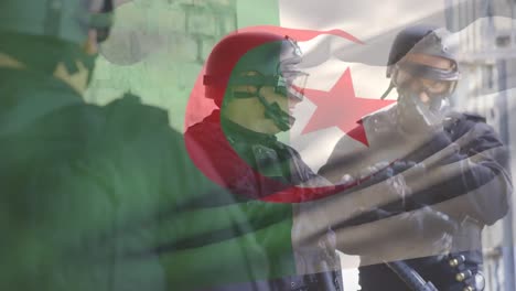 animation of flag of algeria over diverse soldiers