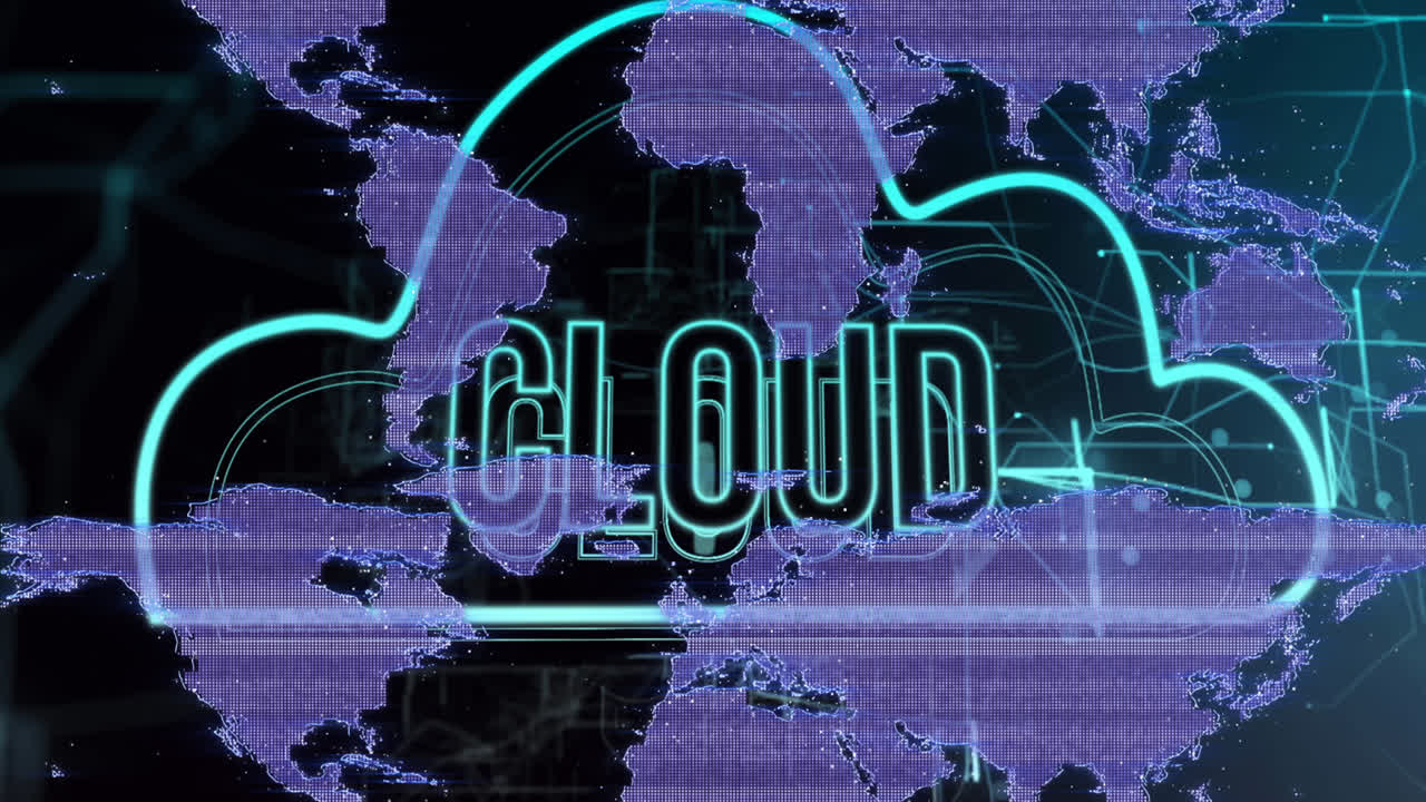 세계 지도 위의 클라우드 텍스트의 애니메이션