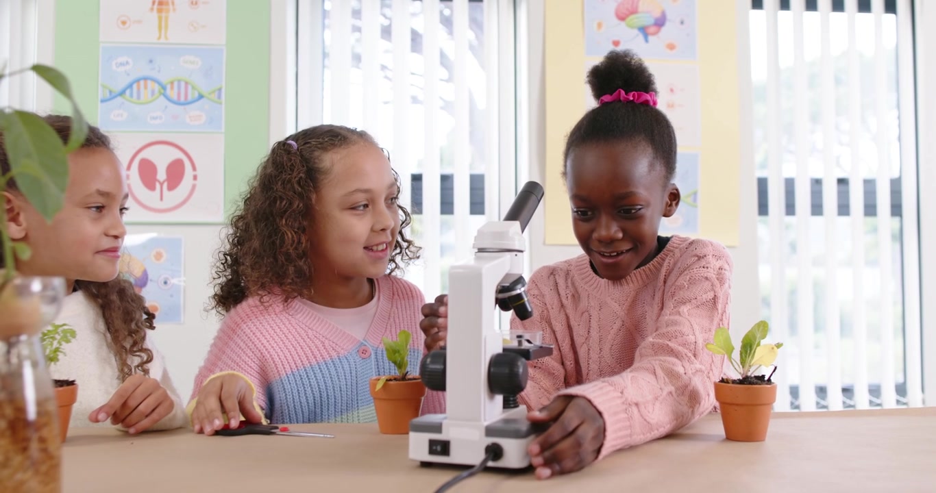 Schoolgirls watching African American girl peering into microscope inspecting plant in classroom