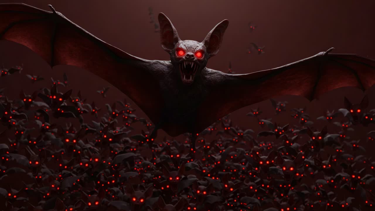 A menacing giant bat with glowing red eyes hovers ominously above a swarm of smaller bats, creating a dark and terrifying atmosphere of nightmarish creatures