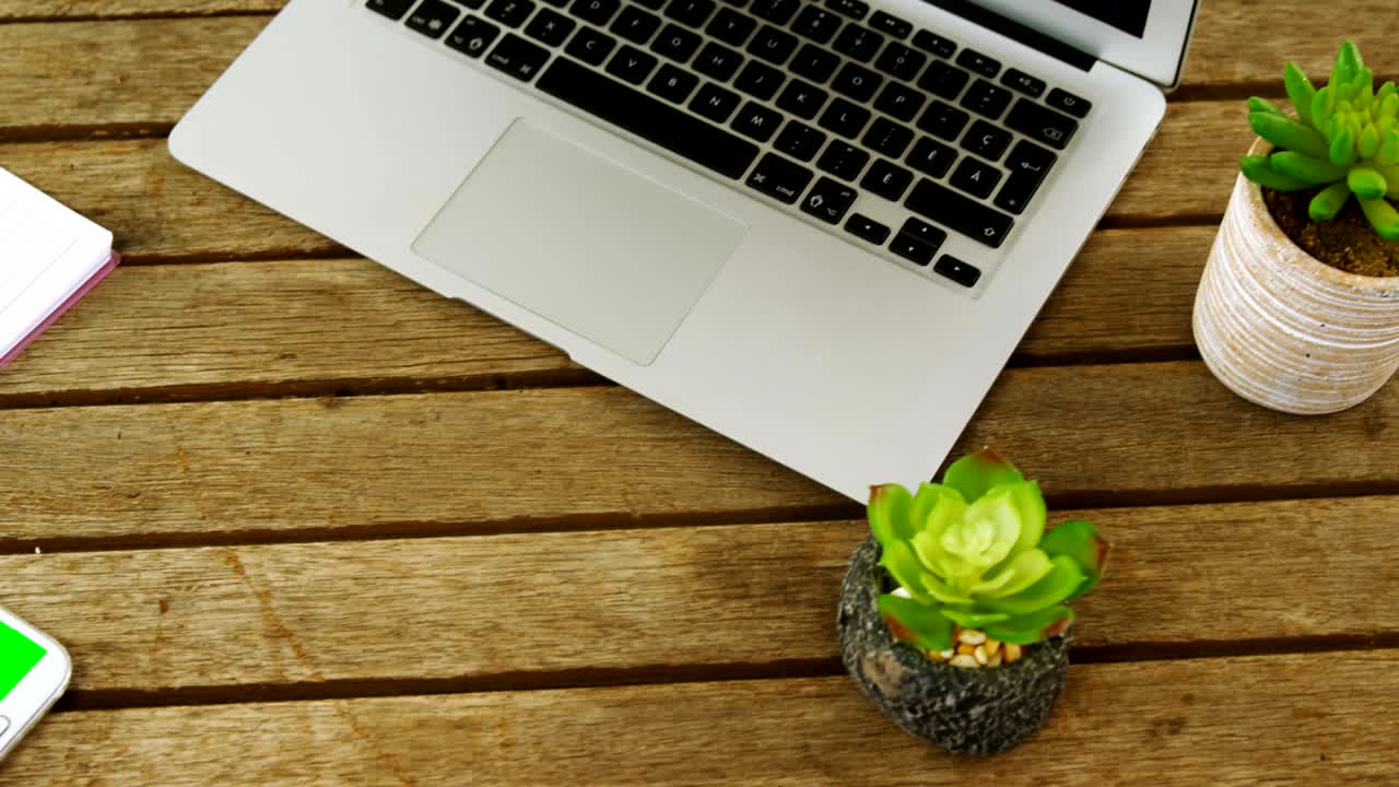 Laptop, pot plant, mobile phone, pen and notepad on table 4k