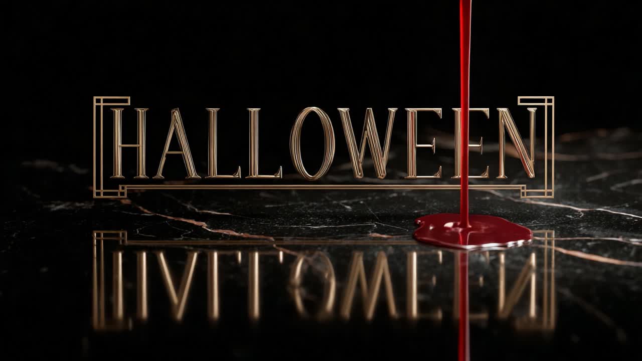 Golden Halloween text in an elegant art deco style on a black marble surface with red blood slowly pouring over it, creating a spooky, sophisticated, and macabre atmosphere for a holiday greeting
