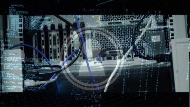 Animation of icons and data processing over caucasian businessman in server room
