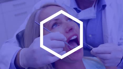 animación del patrón y el tono púrpura sobre el paciente en la silla del dentista y los dentistas