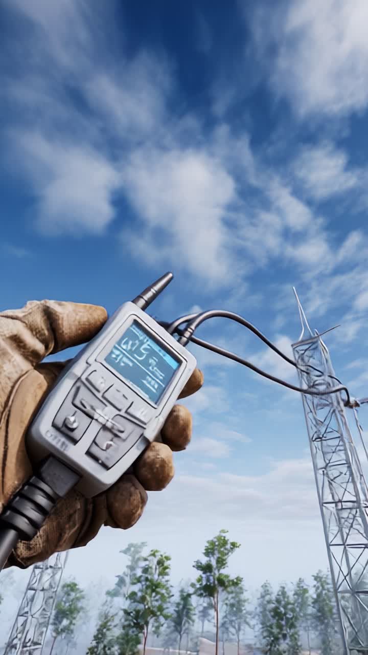 A Close-Up of a Hand-Operated Device Monitoring Electrical Activity Near a Tower Under a Clear Sky with Wispy Clouds and Lush Green Trees in the Background