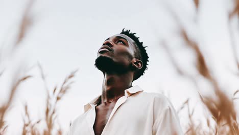 man in a field looking upwards