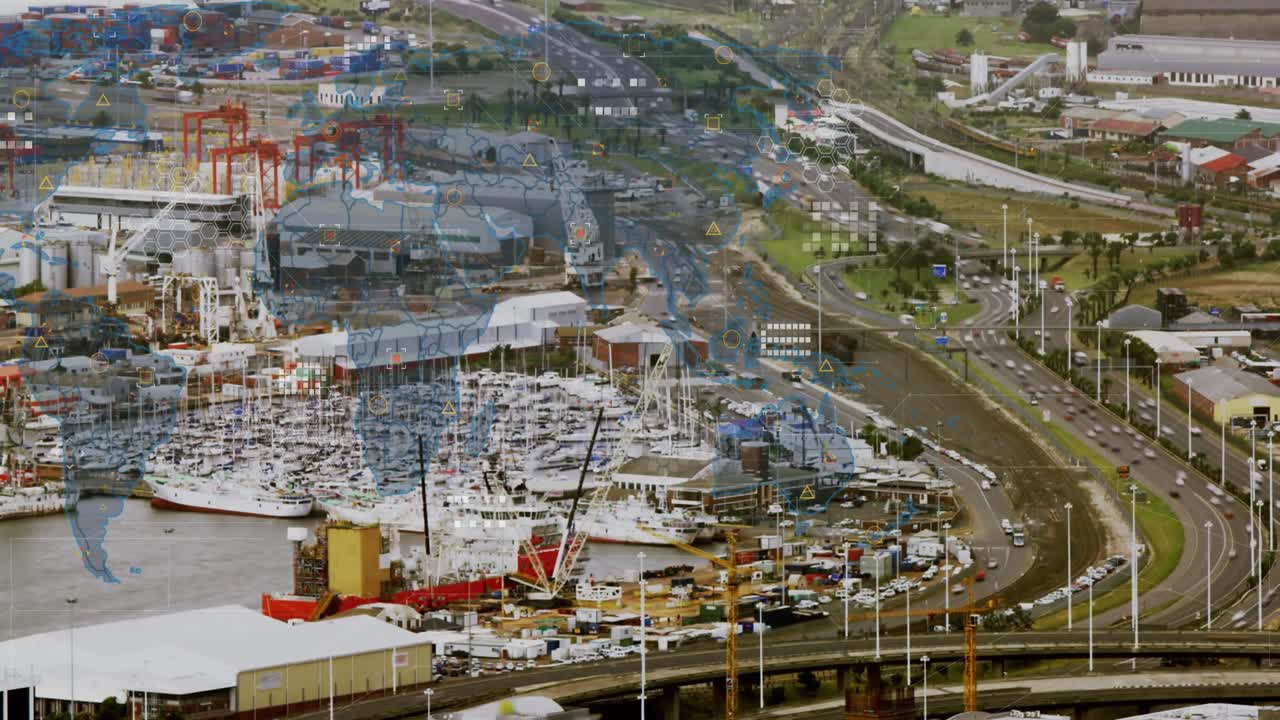 세계 지도의 애니메이션과 도시 풍경의 공중 전망에 대한 데이터 처리