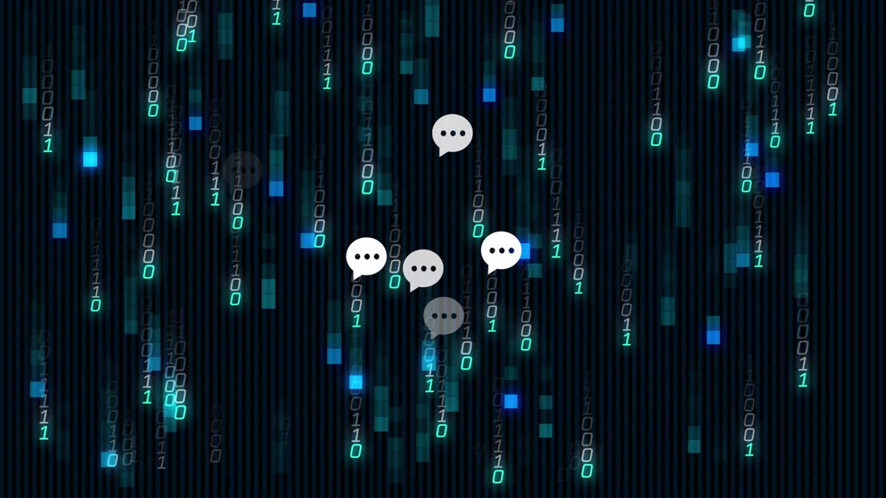 Chat bubbles over digital binary code and data stream animation