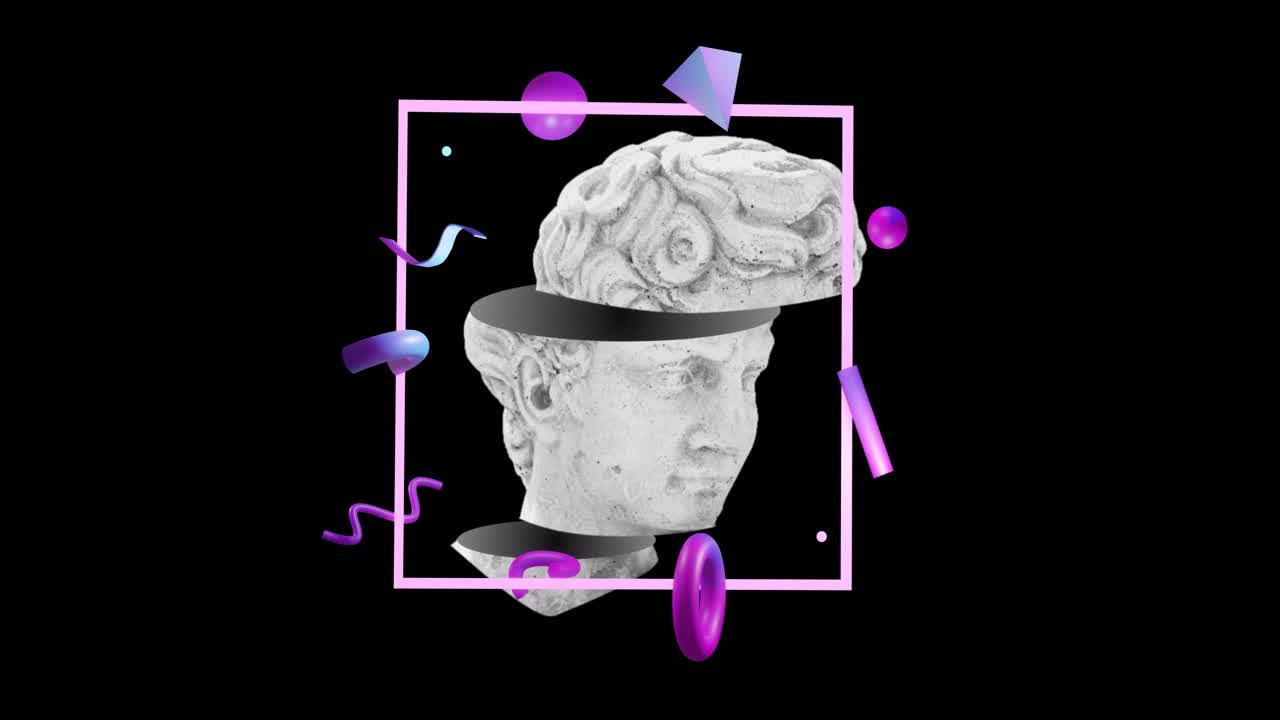 검은색 배경에 고대 조각의 머리 위 모양의 애니메이션