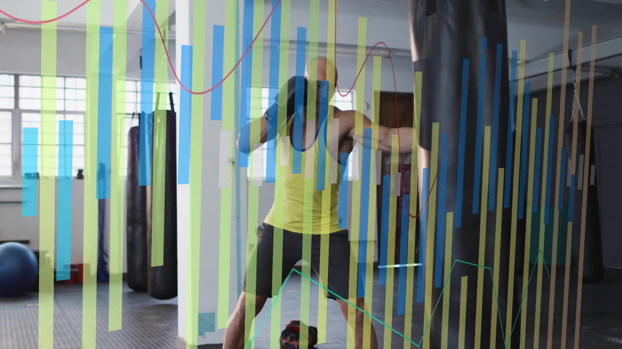 Man entering gym, training boxing throwing jabs at heavy bag while graphics overlaying frame