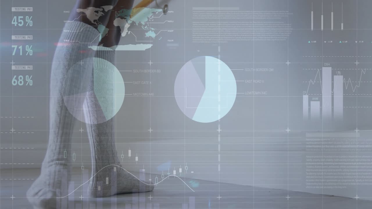 Standing by barre dancer lifting heels into relevé and overlaying fitness charts for analysis