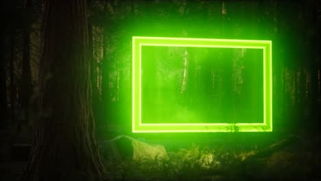 Neon-glowing-rectangle-frame-in-the-night-forest