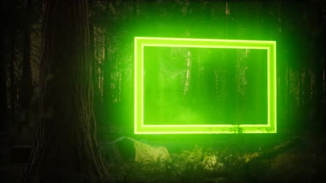 neon glowing rectangle frame in the night forest