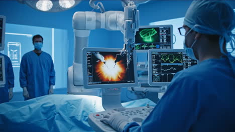 surgeons performing robotic surgery in operating room