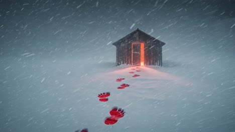 A Mysterious Cabin in a Snowstorm: Glowing Footprints Lead the Way Through Thick Snowfall to an Eerie Doorway, Creating a Haunting Scene of Isolation and Intrigue