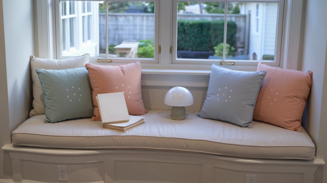 Shifting camera centering window bench at home, sash opening and revealing lamp, notebooks, garden