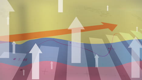 Animación-De-Flechas-Moviéndose-Hacia-Arriba-Y-Procesamiento-De-Datos-Estadísticos-Contra-La-Bandera-Colombiana-Ondeante