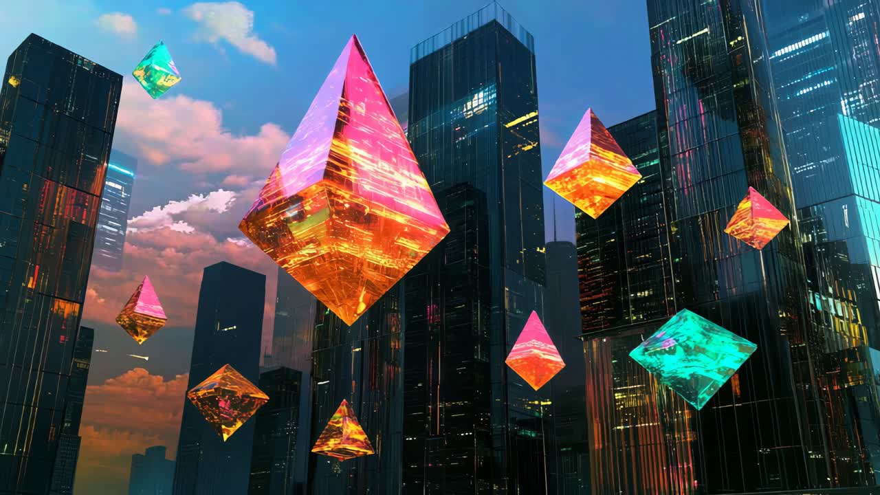 Futuristic Cityscape with Floating Crystals