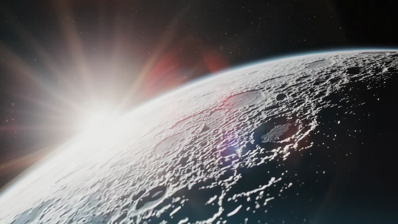 Rising Sun crossing horizon, casting light to reveal cratered surface in space, with lens flares